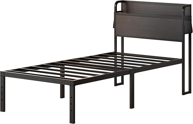 16 Inch Twin Bed Frames with Headboard, Twin Metal Bed Frame Storage Wood Headboard No Box Spring Needed, Noise Free, Black