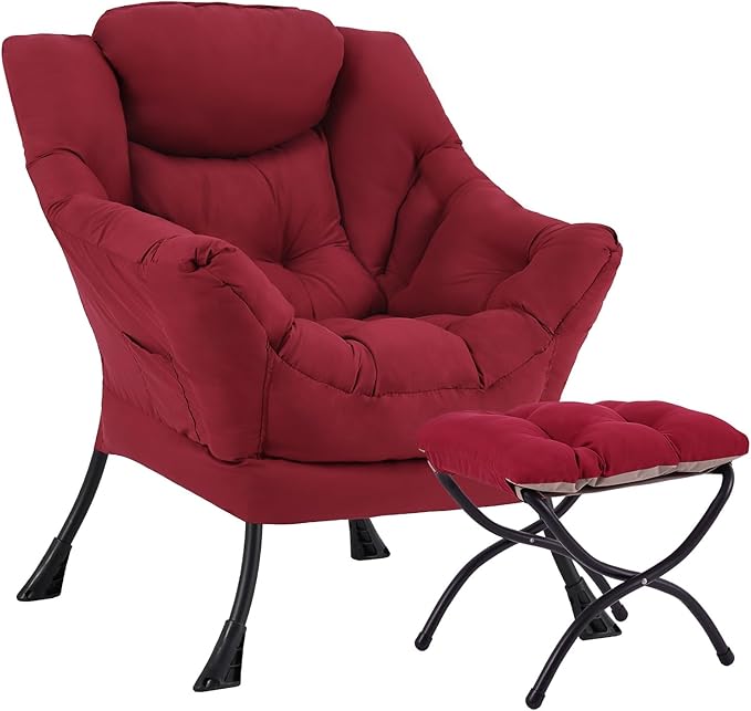 Lazy Chair with Ottoman, Large Burgundy Accent Chair with Ottoman, Comfy Reading Armchair, Leisure Sofa Chair for Living Room, Bedroom, Dorm Room, Office