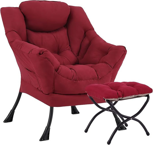 Lazy Chair with Ottoman, Large Burgundy Accent Chair with Ottoman, Comfy Reading Armchair, Leisure Sofa Chair for Living Room, Bedroom, Dorm Room, Office