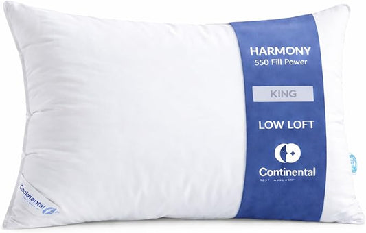 Continental Bedding Harmony White Goose Down Pillow 550 Fill Power Soft Loft 100% Cotton 300 Thread Count Shell King Size 1 Pack Made in USA