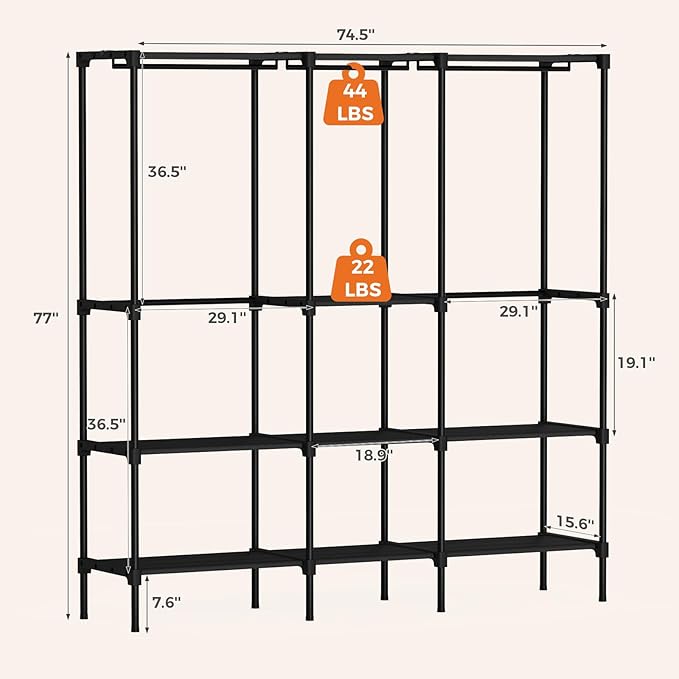 OLIXIS Portable Wardrobe Closet with Hanging Rods, 72 Inch Portable Clothing Rack with Shelves, Heavy Duty Clothes Rack, Freestanding Closet Organizer, 72 "L x 15.7 "W x 77 "H