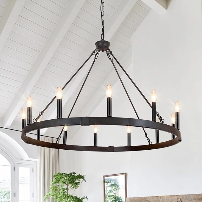 Black Wagon Wheel Chandelier 38 inch, 12-Light Black Round Industrial Farmhouse Chandeliers for High Ceilings Dining Room Living Room Foyer Entryway Outdoor Porch