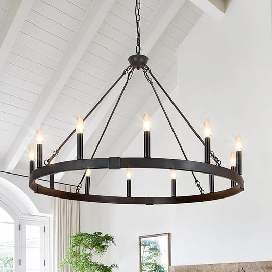 Black Wagon Wheel Chandelier 38 inch, 12-Light Black Round Industrial Farmhouse Chandeliers for High Ceilings Dining Room Living Room Foyer Entryway Outdoor Porch