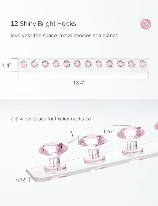Acrylic Necklaces Holder Wall Mounted Necklace Hangers Hanging Jewelry Organizer with 12 Hooks, Clear Jewelry Hangers for Necklace Organizer for Girls Women, Necklace Hooks for Wall (Pink, 2 Pack)