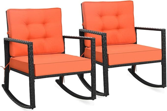 Tangkula Wicker Rocking Chair, Outdoor Glider Rattan Rocker Chair with Heavy-Duty Steel Frame, Patio Wicker Furniture Seat with 5” Thick Cushion for Garden, Porch, Backyard, Poolside (2, Orange)