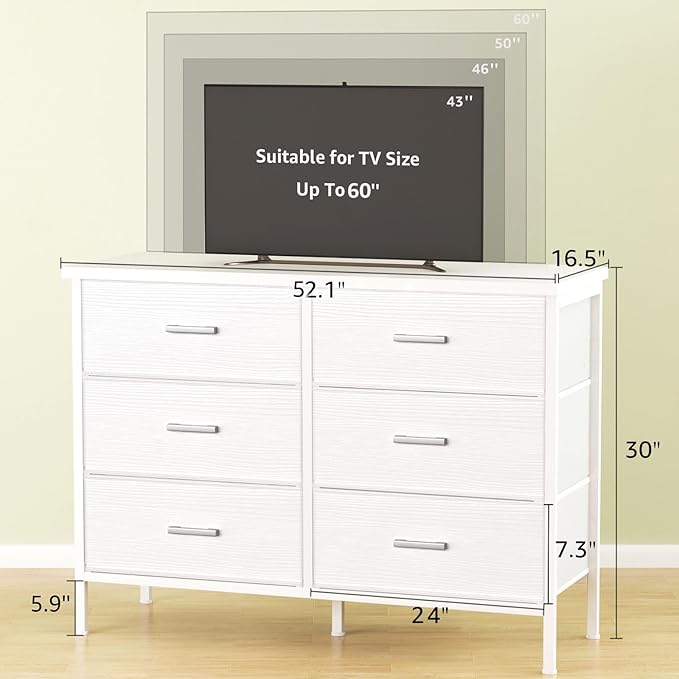 BOLUO Large White Dresser for Bedroom 6 Drawer, Wide Fabric Dressers & Chests of Drawers Modern