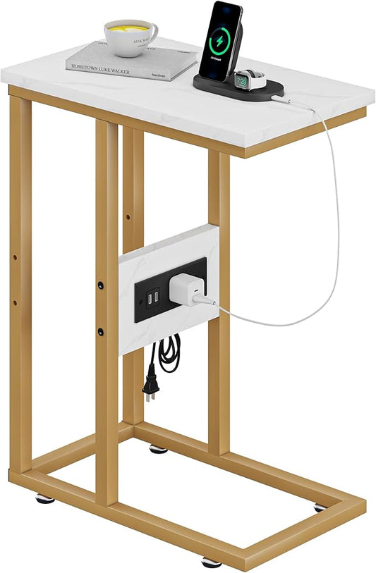 VECELO C Shaped End Table with Charging Station & Power Outlets, Quick Access Side Table for Sofa, C Bedside for Living Room Bedroom 1 Set,Gold