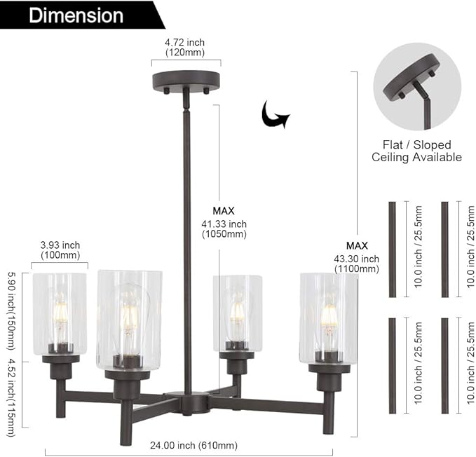 VINLUZ 4 Light Pendant Chandelier Modern Metal Lighting Oil Rubbed Bronze Industrial Ceiling Lighting Fixture for Dining Room Kitchen Living Room