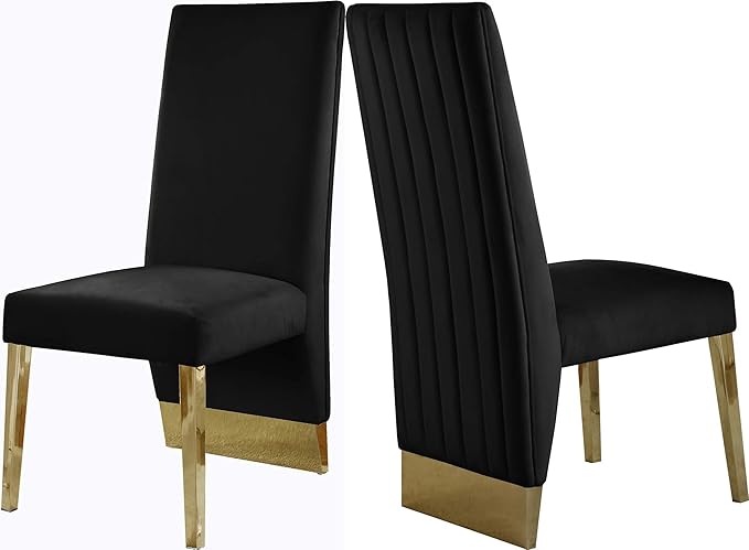 Meridian Furniture Porsha Collection Modern | Contemporary Dining Chair with Deep Channel Tufted Back and Sturdy Metal Legs, Set of 2, 19.5" W x 27" D x 42" H, Black Velvet Upholstered
