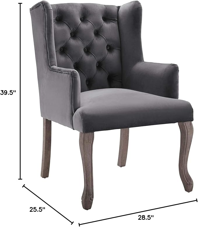 Modway Realm French Vintage Tufted Performance Velvet Kitchen and Dining Room Arm Chair in Gray