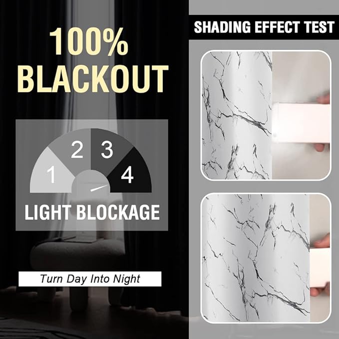 H.VERSAILTEX 100% Blackout Curtains 63 inch Length 2 Panels Set Marble Designs Printed Drapes Thermal Curtains for Bedroom with Black Liner Sound Proof Curtains, Grey