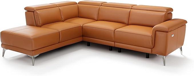 Valencia Pista 113" Full Leather Reclining Sectional Sofa with Left Hand Chaise | Power Recliner Chair, Nappa 11000 Leather | Sectional Couch for Living Room Furniture, Cognac