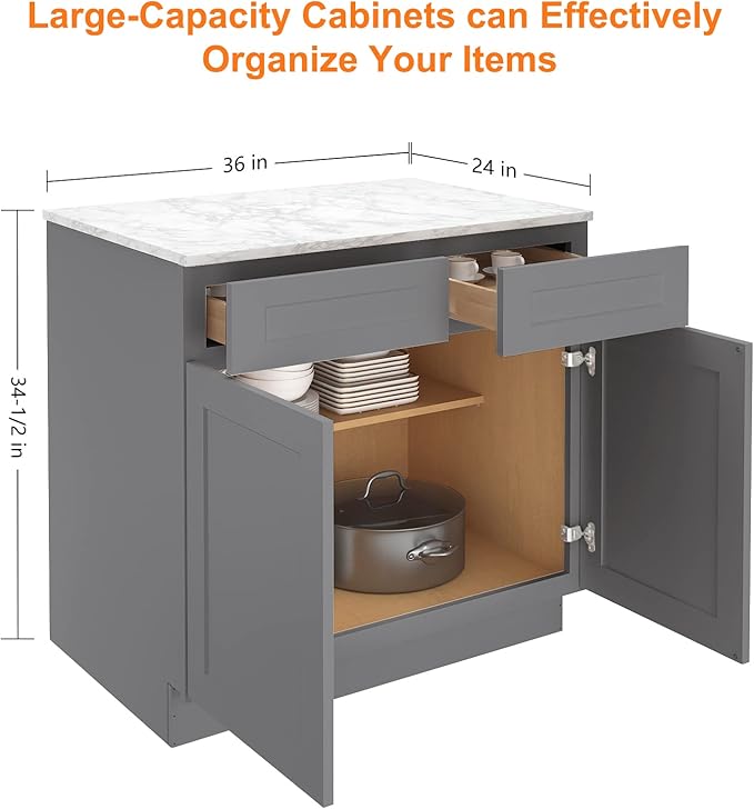 LOVMOR Kitchen Base Cabinets, Sideboard Storage Cabinet, Entryway Cabinet with 2-Drawers & Adjustable Shelf, 36" W X 24" D X 34-1/2"H