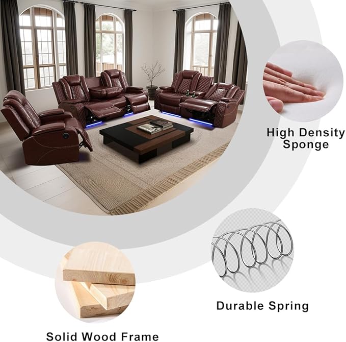 Living Room Set Brown Breathing Leather Sofa Living Room Furniture Set Power Recliner Manual Sofa,Loveseat and Chair with Cup Holders/Storage Console/LED Light for Living Room