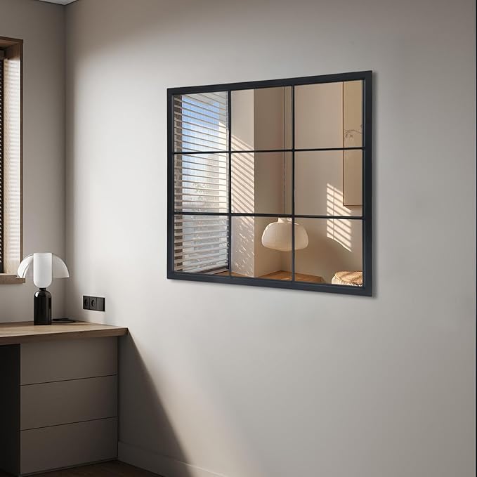 Black Window Mirror 27"X27",Gird Decor Minimalism Wall Mounted Mirrors for Entryway,Hallway,Living Room,Fireplace