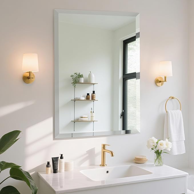 24x36 Inch Frameless Wall Mirror with 1" Beveled Edge, Frameless Rectangle Mirror for Bathroom, Vanity, Living Room