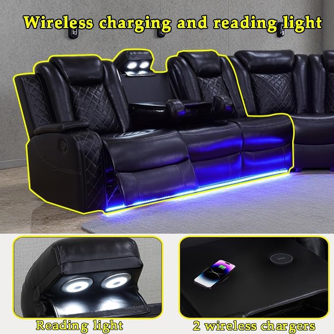 A Ainehome Living Room Furniture Power Recliner Sofa, Breathing Leather Power Reclining Sofa Set, Sectional Reclining Couch with Storage Console for Living Room/Guest Room(A-Black)