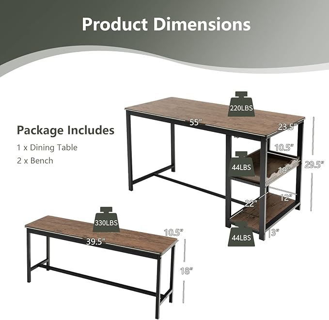COSTWAY 3-Piece Dining Table Set for 4, Rustic Pub Dining Table with 2 Benches, 2 Storage Shelves and Glass Holder, Breakfast Kitchen Table and Chairs Set for Small Space Kitchen Restaurant Bar