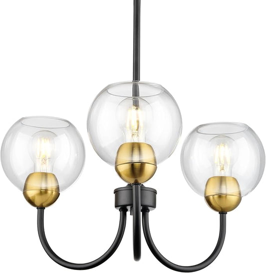 Emak 3-Light Black and Gold Dining Room Chandeliers, Modern Pendant Lights with Globe Glass Shade, Farmhouse 20 Inch Chandelier for Living Room, Entryway, Bathroom, Bedroom, Kitchen, CH114-BKBGD-CG-3