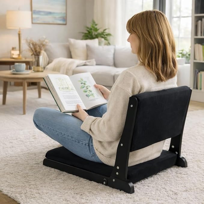 HollyHOME Foldable Tatami Chair, Upholstered Japanese Style Floor Seat, Wood Legless Back Rest With Cushion, Accent Meditation for Bay Window, Living Room, Bedroom, Black