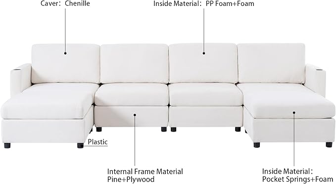 Ball & Cast 123" Large Sleeper Sectional Sofa Bed with Full Storage Seats,Corner Spacious Cloud Sofa W/Ottoman,Flexible Combination,Oversize 6 Piece Cozy Modular Chaise for LivingRoom,White Chenille