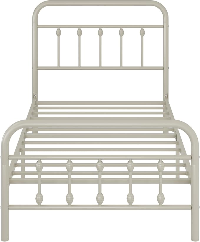 Allewie 14 Inches Twin Size Metal Platform Bed Frame with Victorian Style Iron-Art Headboard/Footboard, Mattress Foundation, Easy Assembly, Under Bed Storage, No Box Spring Required, Off White