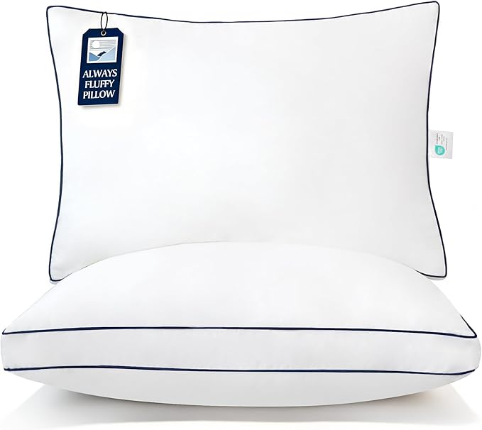 Blue Ridge Home Fashions Hotel Bed Pillows Queen Size Set of 2, 400 Thread Count 100% Cotton Cover, Medium Firm, Support Gusseted Down Alternative Pillow for Back, Stomach or Side Sleepers, 18" x 26"