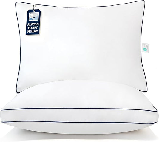 Blue Ridge Home Fashions Hotel Bed Pillows Queen Size Set of 2, 400 Thread Count 100% Cotton Cover, Medium Firm, Support Gusseted Down Alternative Pillow for Back, Stomach or Side Sleepers, 18" x 26"