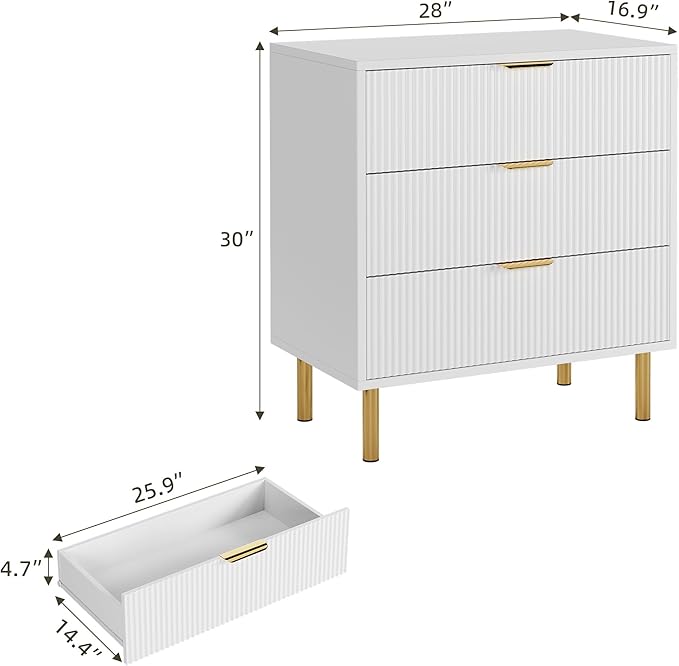 IDEALHOUSE White Dresser, Modern 3 Drawer Dresser for Bedroom with Gold Handle and Large Drawer, Wood Double Chest of Drawers and Storage Organizer for Living Room, Hallway, Entryway