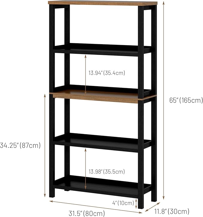 Vlsrka Wooden Bookshelf with Lights, 5 Tier Bookshelf with Storage, Tall Bookcase with Open Shelves, Standing Bookshelves Display Rack for Living Room, Home Office, Black