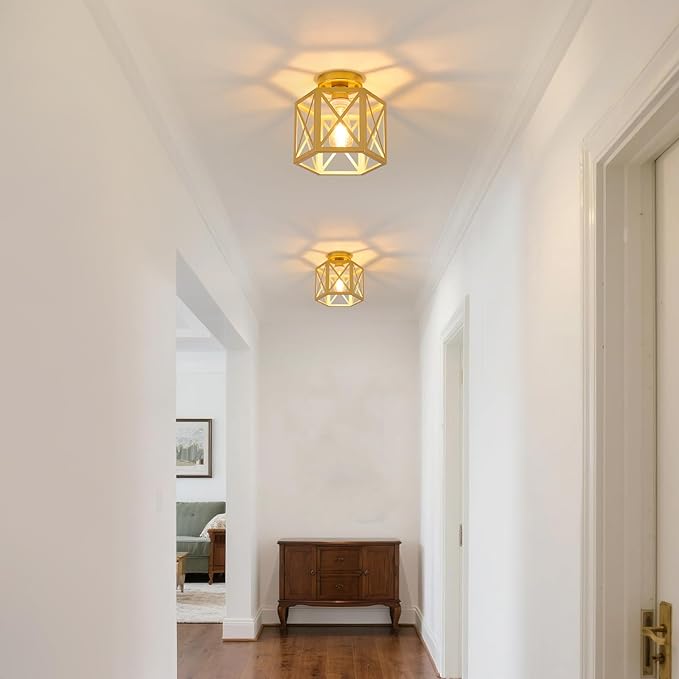 2 Pack Gold Semi Flush Mount Ceiling Light, Farmhouse Hallway Light Fixture Ceiling Mount, Metal Chandelier with Hexagonal Cage, Vintage Lantern Lamp for Kitchen Porch Sink