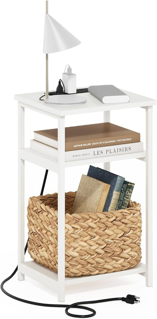 Furinno Moretti Side Table, 3-Tier Modern End Table with Charging Station, Metal Frame Night Stand, Bedside Table with USB and Type-C Charging Port, for Living Room, Bedroom, White