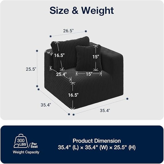 Avenco 35.4” Right-Arm Facing Modular Sofa Seat, Individually Wrapped Coil Support & Corduroy Fabric, Zero Assembly to Complete Your Sectional, Black