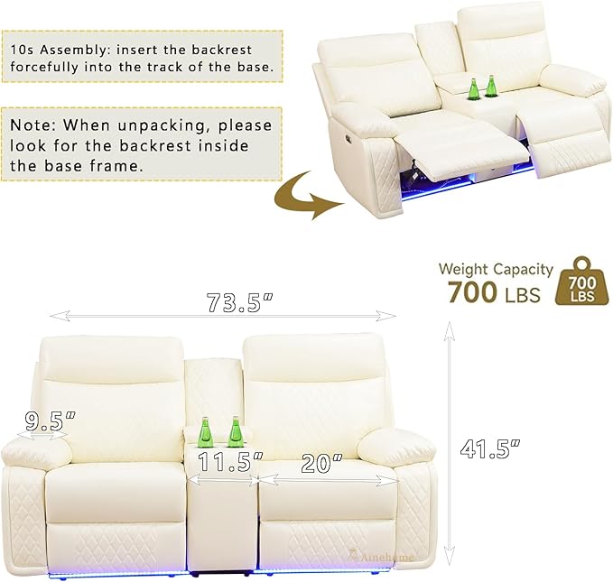 A Ainehome Power Loveseat Recliner Sofa Set, Electric Reclining Loveseat with LED Lights, Home Theater Reclining Sofa Loveseat, 2 Seater Reclining Couch for Living Room, RV, Office