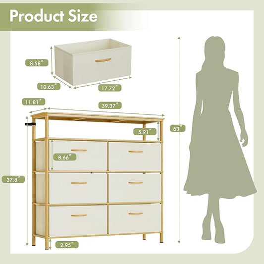 Solid Wood Dresser, Dresser with 6 Drawers, Solid Bamboo Frame Paired with Fabric Storage Boxes, Large Capacity, Stable and Durable, Versatile Style, for Bedrooms, Living Rooms, and Hallways