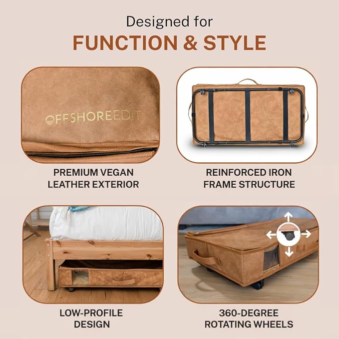 Premium Under Bed Storage with Wheels, Low Profile Rolling Storage Box in Vegan Leather with Metal Frame, Pull-Out Underbed Organizer for Bedroom or Closet, Housewarming or Wedding Gift