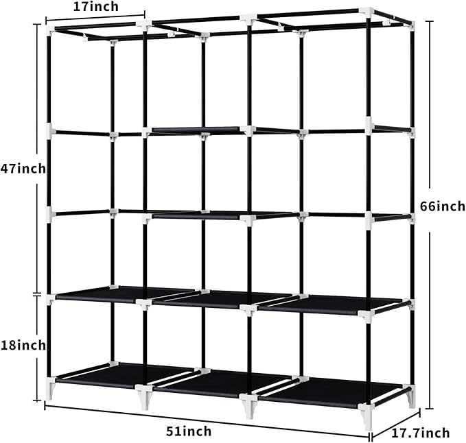 51 Inch Grey Portable Closet Bundle with 51 Inch Black Portable Wardrobe with 4 Hanging Rods, 16 Storage Organizer Shelves, Durable and Easy to Assemble