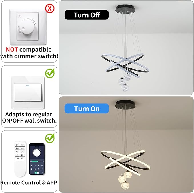 LED Modern 3 Ring Chandeliers for Dining Room, 24in Dimmable Kitchen Pendant Lamp, Black Dining Room Light Fixtures Ceiling Hanging Over Table, Globe Round Chandeliers for Living Room Bedroom