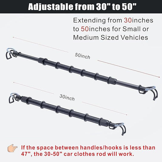 Car Clothes Hanger Bar Adjustable Garment Rack 30''-50'' Heavy-Duty Hanger Rod for Small or Medium Vehicles Travel Closet Black Metal Pole for Auto Clothing Organizers & Storage (Hold up to 120lbs)