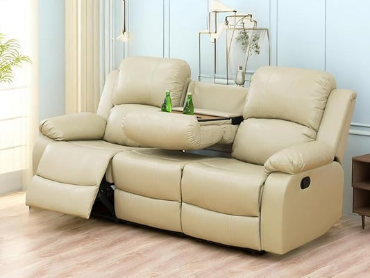 Manual Reclining Sofa Modern Recliner Sofa Couch 3 Seater Leather Reclining Sofa Living Room Furniture Couch with Cup Holders & Flip-Down Table for Home/Office/Rv Car (Beige, 3 Seater Sofa)