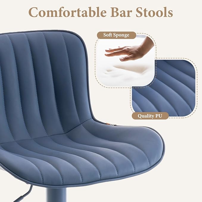 YOUNUOKE Bar Stools Set of 2, Counter Height Barstools for Kitchen Island, Modern Adjustable Swivel Blue Bar Chairs with Blue Legs