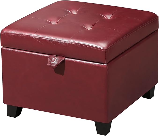 Adeco Faux Leather Storage Ottoman, 17.5" Square Cube Footstool for Living Room & Bedroom, Tufted Vanity Stool with Hinged Lid and Solid Wood Legs, Red