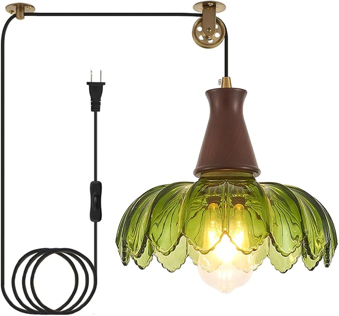 YLONG-ZS Vintage Plug in Pendant Light, Boho Hanging Lamp Plug in Pulley Green Glass Pendant Lamp, Modern Walnut Color Wood Hanging Light for Kitchen Island, Bedroom, Dining Room, Living Room