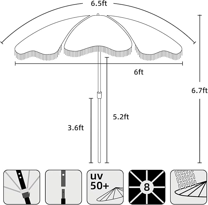 AMMSUN Beach Umbrella with Fringe, 6.5ft Boho Umbrella with Premium Wood Pole & Carry Bag, UPF 50+ Protection for Outdoor Holiday, Green Plaid