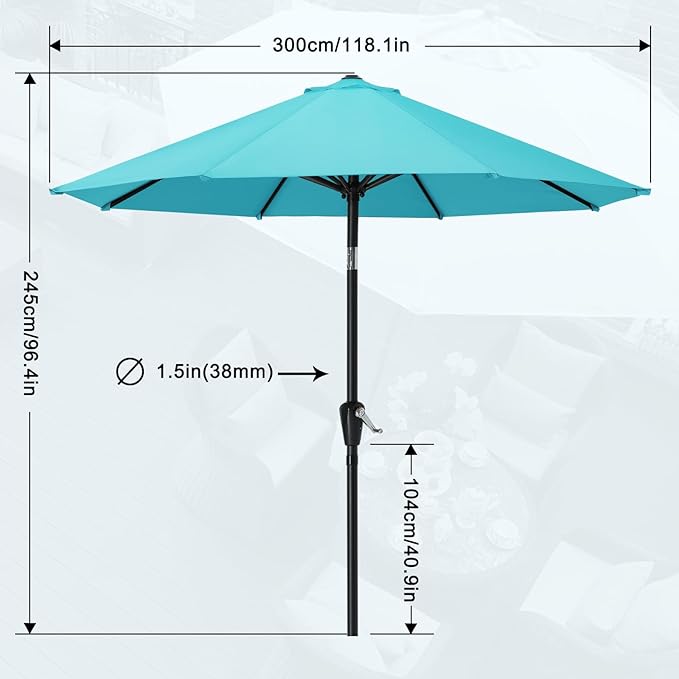 MASTERCANOPY 10FT Patio Umbrella with Push Button Tilt and Crank, Outdoor Market Umbrella with 8 Sturdy Ribs, UV Protection & Waterproof for Garden, Deck, Backyard, Pool (Turquoise)