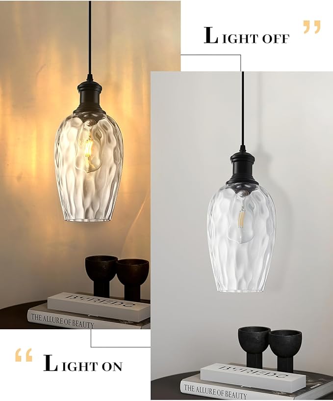 Black Pendant Lights Kitchen Island, 6.3” Hammered Glass Pendant Lights, Hanging Industrial Clear Glass Pendant Light 2-Pack, Farmhouse Kitchen Pendant Light for Dining Room, Bathroom, Cafe