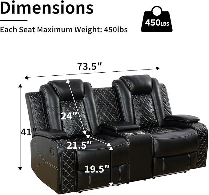 Power Leather Recliner Sofa with LED Light,74" Power Double Reclining Loveseat with Storage Console/Cup Holders/USB Port,2 Seater Leather Couch for Living Room Furniture(Black,Loveseat)