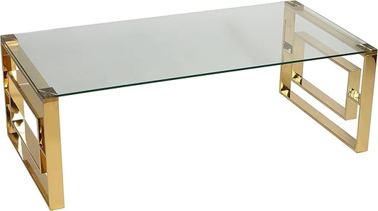 Cortesi Home Laila Coffee Table in Gold Stainless Steel and Clear Glass 48"