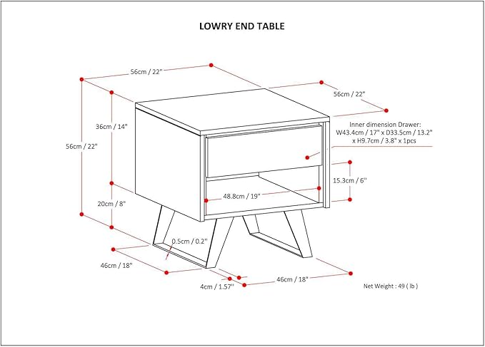 SIMPLIHOME Lowry End Table - 22 inch Wide Solid Acacia Wood Square Accent Table with Drawer and Open Shelf in Distressed Charcoal Brown, Modern Industrial Lamp Stand with Angled Legs for Living Room