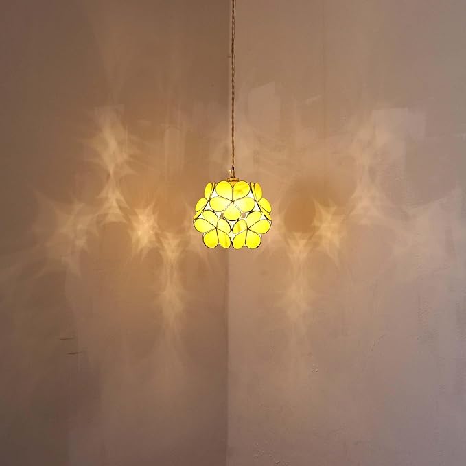 Bieye L10933 Petals Tiffany Style Stained Glass Ceiling Pendant Light with 8-inch Wide Lampshade (Yellow, 8" Cherry Blossom)